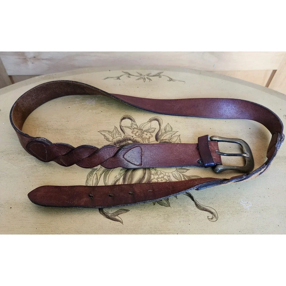 100% Leather Brown Braided Waist Belt Boho Western 39.5